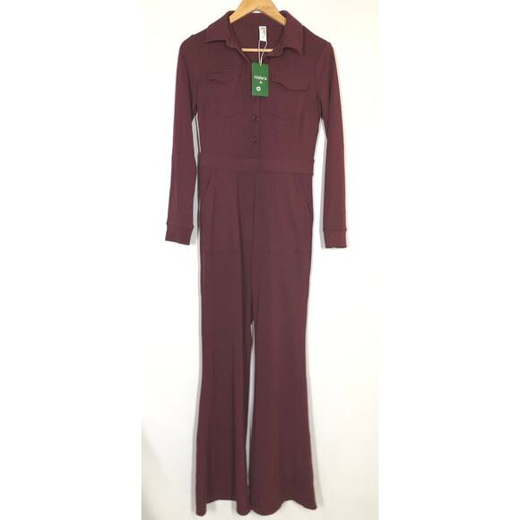 Halara Cargo Jumpsuit Waffle Knit Long Sleeve Flare Leg Evening Red NWT Medium - Picture 3 of 7